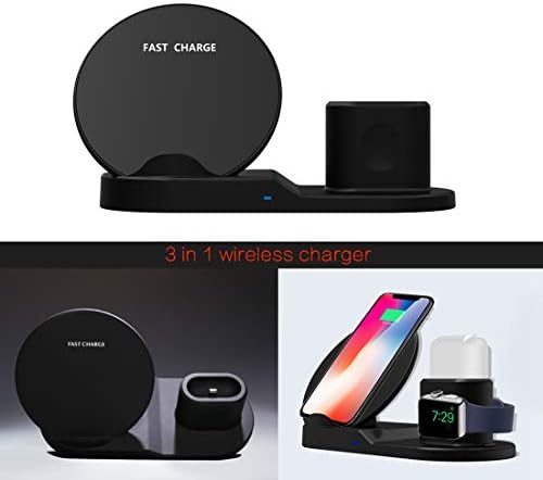 3 in 1 Wireless Charger Stand Station,(10W/7.5W) Fast Qi Wireless Charging Dock Compatible with iPhone Xs/Xs Max/XR/X /8/8 Plus/Apple Watch Series 3/2/1/AirPods (AC Adapter Not Included) (White)