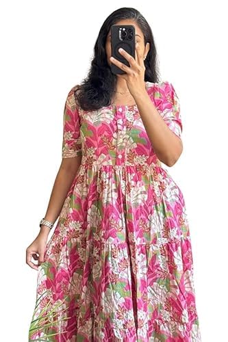 Image of Women's Floral Printed Tiered Midi Dress, Puff Sleeves, Square Neck, Button-Front