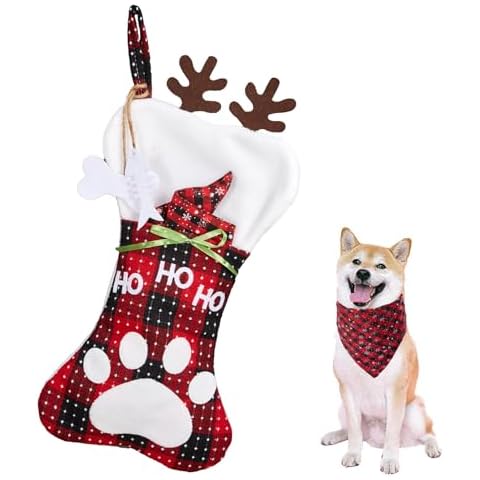 HiPeep Pet Christmas Stockings Set 17" Red Black Plaid Bone Socks Snowflake Scarf Cute Embroidery Suitable for Christmas Tree Fireplace Staircase Mantle Christmas Holiday Decoration Cover