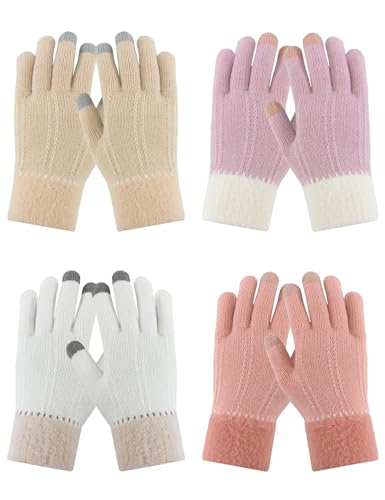 PKWEEN 4 Pairs Winter Gloves for Women Cold Weather, Womens Warm Knit Gloves Winter Touchscreen Texting Gloves with Soft Warm Lining ((3 Touchscreen Fingers, Pink/White/Khaki/Purple)