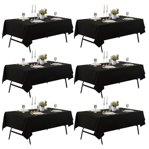 Image of 6-Pack 60x84 inch Black Table Cloths, Solid Stain and Wrinkle Resistant Oblong Tablecloth, Premium Plain Weave Polyester Fabric Rectangle Table Linen Covers for Hotel, Banquet