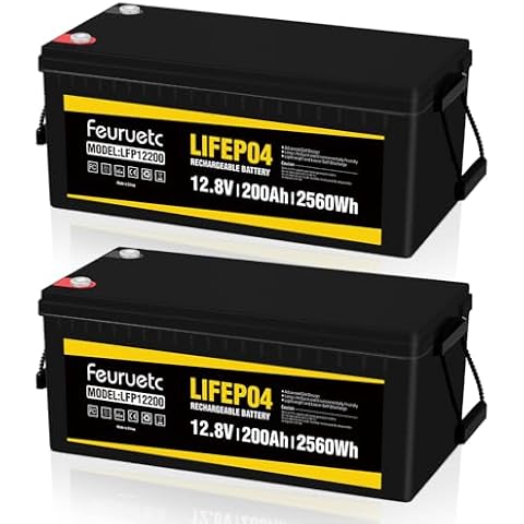2Pack 12V 200Ah Lithium LiFePO4 Battery, Built-in 200A BMS, 1280Wh Energy Storage, Iron Phosphate 8000-15000 Deep Cycles Battery for RV, Solar, Trolling Motor Cover