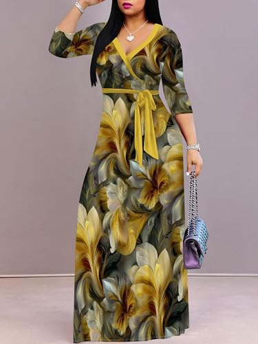 Image of PinkPatty Women's Long Sleeve Maxi Dress Plus Size Trendy Wedding Guest Wrap Dress with Pockets&Belt