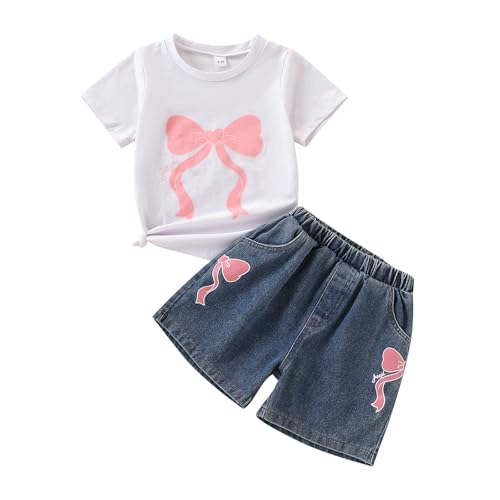 Image of Kids Toddler Girls Summer Clothes Leopard Butterfly Print T-Shirt + Belted Denim Jeans Shorts 3PCS Outfits