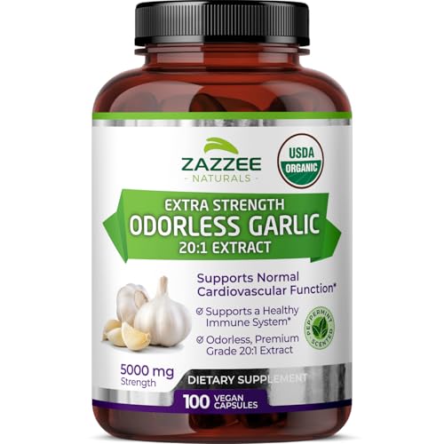 Zazzee USDA Organic Odorless Garlic 20:1 Extract, 5000 mg Strength, 100 Vegan Capsules, 3+ Month Supply, Standardized, Concentrated 20X Extract, 100% Vegetarian, All-Natural, Non-GMO, Made in The USA