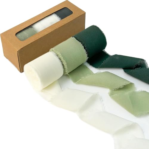 JOWILIN Chiffon Silk Ribbon Fringe 3 Rolls 1.5 5.5yd Handmade Ribbon Frayed Edges Ribbon for Wedding Invitations Gifts Wrapping DIY Crafts Bridal Bouquets Party Decorations (Green)