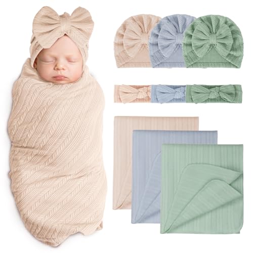 Image of AQOKKA Baby Swaddle Blankets with Bow Hat Headband Set Wheat-Pattern Infant Receiving Blankets Swaddles for Newborns Unisex Toddler Swaddle Wrap Sets for Baby Girls Boys Nursery Warm Shower Gift