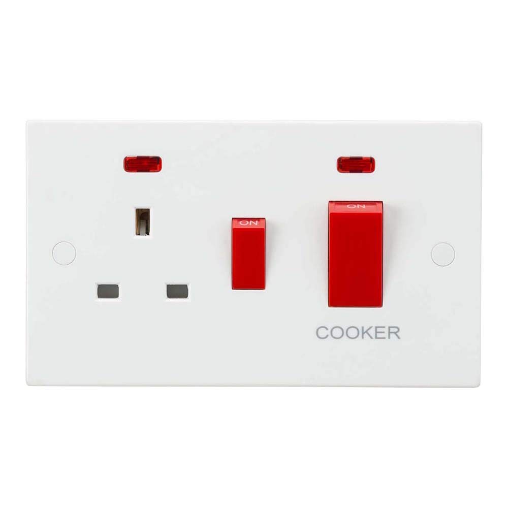 Knightsbridge Red Sn8333n45a Double Pole Cooker Switch With 13A Socket & Neon Power Indicator