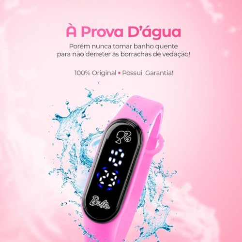 Relógio Feminino Infantil Digital LED Á Prova D'água, Barcelete Ajustável Rosa, Pulseira silicone O