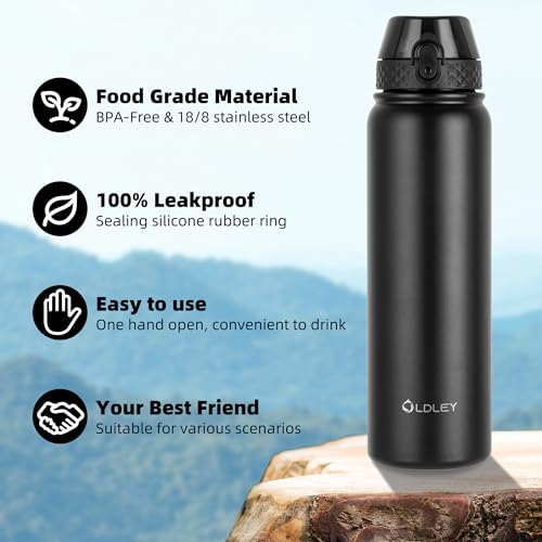 OLDLEY Stainless Steel Water Bottle with Straw 1L Vaccum Insulated Large Drink Flask Metal Water Bottles 1 Litre Leakproof Keep Drinks Hot Cold for Bike Sports Gym Adult Women Men(Black,1 Lid) - Image 6