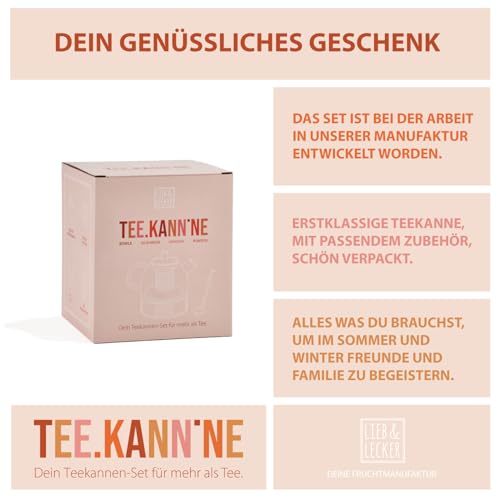 lieb&lecker - Teekanne mit Stövchen + Bowleset + Siebeinsatz - 1500ml Bowlegefäß aus Borosilikatglas, Inkl. Edelstahlkelle, 4x Pikser, Insektenschutz, 2x Rezepte - auch Cocktails + Punschgefäß