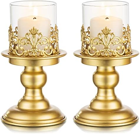Sziqiqi Black Shabby Chic Pillar Candle Holder Set for Tables - Gothic Candlestick Holder Rustic Glass Hurricane Candle Holders Centrepieces for Mantlepiece Fireplace Dinner Desk Tabletop Ornament