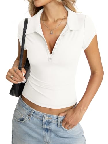Eachyes Womens Polo Short Sleeve Shirts Golf Collared Summer Tops Tight Business Casual Outfits Sexy V Neck Tee Cap Sleeve Button Down T Shirts Work Going Out Clothes 2026 White Small