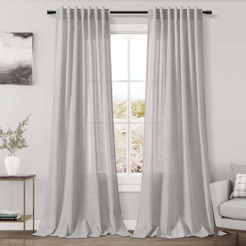 Image of Nanspring Grey Linen Back Tab Curtains 84 Inch Length for Living Room 2 Panel Set Neutral Modern Farmhouse Window Privacy Semi Sheer Linen Drapes Rustic Pinch Pleated Look Curtain 52x84