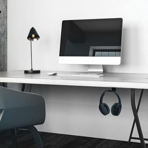 Image of Kanto HH Universal Under Desk Headphone Hook - Black - Solid Steel Construction - Mount Using 3M Adhesive or 2 Included Screws