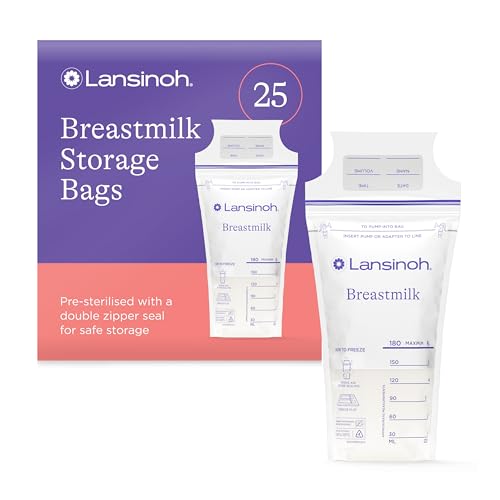 Lansinoh Breast Milk Storage Bags - Pre-Sterilised Leakproof & BPA/BPS-Free - Fridge & Freezer Breastmilk Pouches - Pump into bag with Lansinoh Breast Pumps - Breastfeeding Essentials - 25 Pack
