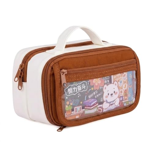 Image of Kawaii Cute Aesthetic Pencil Case for Girls & Boys | 3 Layer 6 Compartment Large Capacity Pencil Pouch with Zipper | Cartoon Stationery Organizer Bag for Students & Kids (Beige Brown)