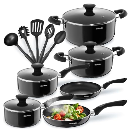 tectake® Pannenset met anti-aanbaklaag, 15-delige pannenset van robuust aluminium, glazen deksel met ontluchtingsgat, pannenset met hittebestendige handgrepen, zwart