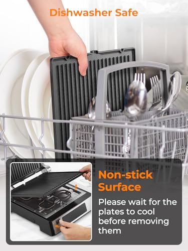 FOHERE Multifuncional 4 en 1 Grill de Contacto, Gofrera y Sandwichera con 4 Placas Antiadherentes Extraíbles, Tiempo y Temperatura Individuales, Pantalla LED, 2000W - imagen 8