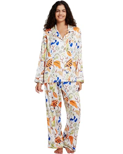 Image of YiNi LuLu Womens Silk Satin Pajamas Set Button Down 2 Piece Pjs Long Sleeve Oversized Sleepwear with Pockets