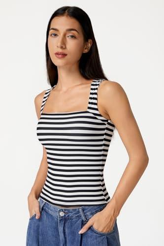 Image of QINSEN Women's Square Neck Sleeveless Double-Layer Tank Tops Basic Tight T Shirts