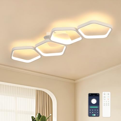 Kuwork LED Deckenleuchte Wohnzimmer 81cm, 48W Dimmbar 3000K-6500K, 4-Flammig Geometrisches Design, Fernbedienung & App, Nachtlicht, Memory-Funktion, Moderne Deckenlampe, Weiß