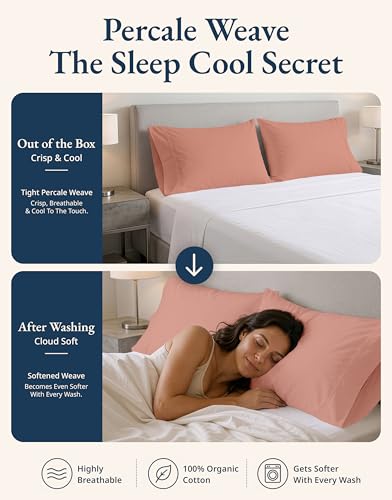 Image of Lane Linen 100% Organic Cotton King Size Pillow Cases Set of 2 (20''x36'') Blue Pillow Cases King Size Organic Cotton Pillowcases King Size Pillow Case Set King Pillow Cases Set of 2 - Rose Dawn