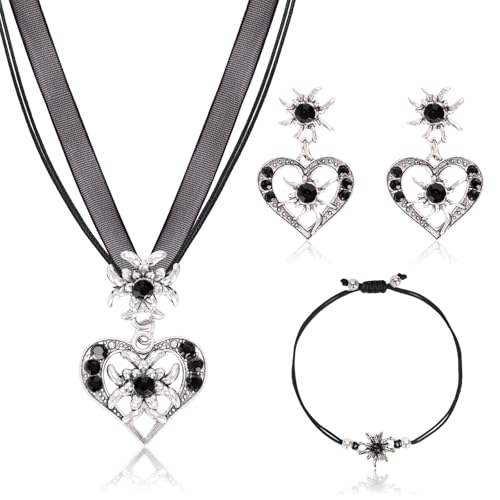 YYSWSAKY 4 Stück Trachtenschmuck Damen Set, Trachtenschmuck Set, Bayerisch Dirndlschmuck Trachtenkette Schmuck, Herzkette und Ohrringe, Edelweiß Armband, Oktoberfest Trachtenschmuck (black)