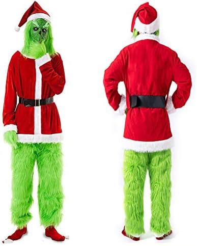WPOZD Christmas Deluxe Green Monster Costume - 7PCS Adult, Suit Deluxe Adult with Green Monster Mask and Red Christmas Hat. (L/XL(5.57-5.90ft))