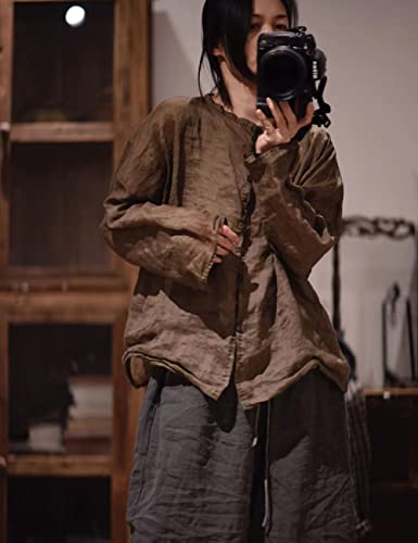 NFYM Womens Ramie Linen Sheer Button Down Shirt Casual Long Sleeve Loose Fit Art Retro Shirt Blouse4