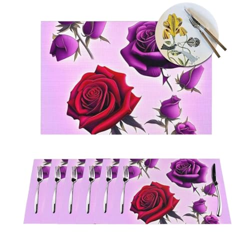 Set de table rectangulaire PVC tissé roses rouges et violettes - 2