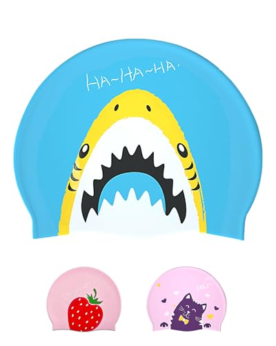 Swimming Cap Kids 6-14 - Swim Hat for Kids 6-14 Years Silicone & Waterproof, Light blue shark, One size fits ages 6-14