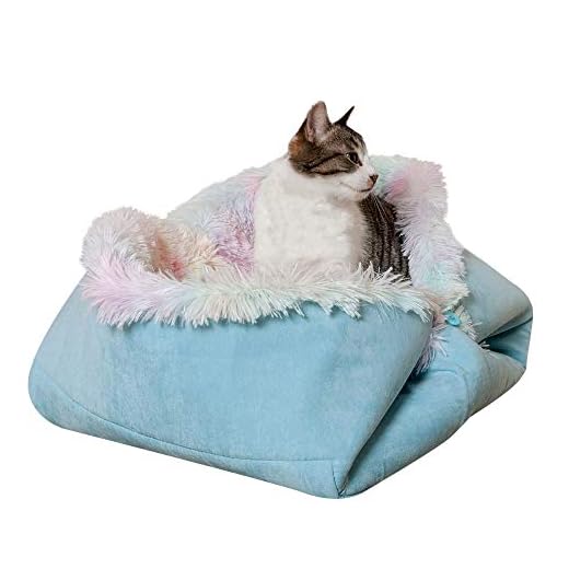 Furhaven Self-Warming Cat Bed for Indoor Cats, 4-Beds-in-1 & Washable - Plush Long Faux Fur Convertible Cuddler - Rainbow, Large