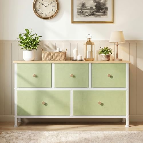 Image of OLIXIS 5 Drawer Dresser for Bedroom, Storage Organizer Unit for Closet | Chest of Drawers for Clothes Storage with Bins, Wide Fabric Bedroom Dresser, Wooden Top, Living Room, Light Green
