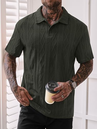 Mens Textured Knit Polo Shirts Loose Fit Stretch Casual Summer Collared Shirt (S-XXL)2