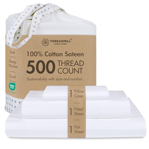 Threadmill 500 Thread Count Cotton Twin XL Sheet Set, Damask Stripe, White