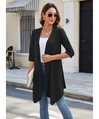 Women's Open Front Cardigan Lightweight Soft Knit 3/4 Sleeve High-Low Draped Hem Loose Casual Duster2