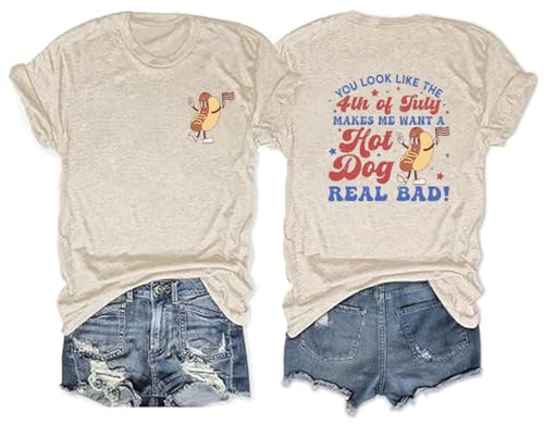 4th of July Shirts for Women Look Like Hot Dog Shirts Patriot 1776 Memorial Day Tops Front Back Printing Tee(DZFBGE01 Medium)