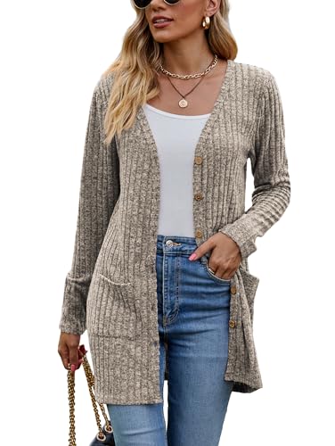 Famulily Damen Open Front Lange Strickjacken mit Taschen für Frauen Cosy Lose Open Front Pullover Mantel (M, Khaki)