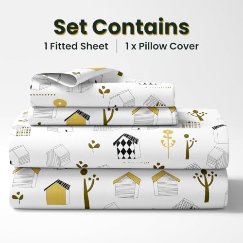 Image of LORETO - A QUALITY LINEN BRAND 144 TC 100% Pure Cotton Single Fitted Bedsheet with 1 Pillow Cover for 72 x 36 Inch Mattress, All-Around Elastic, 8 Inch Deep Pocket, White Kids House Pattern