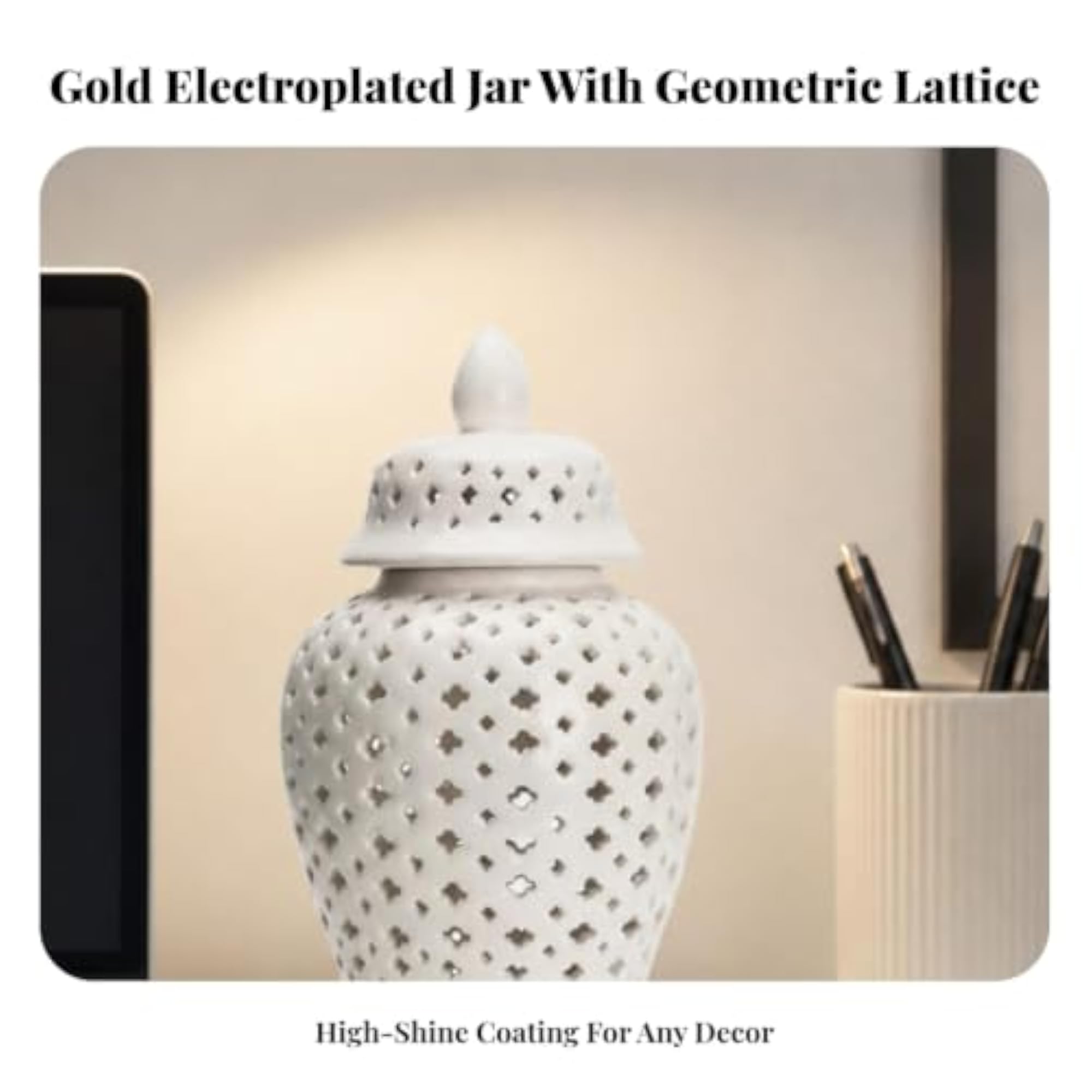 Decorative Ceramic with Lid Hollow Out Pierced Jar, Elegant Decor