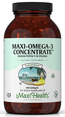 Maxi Health Omega 3 Supplement - Omega-3 Fish Oil Concentrate - Higher Potency Source Of Epa / Dha Fatty Acids - Heart, Brain & Joint Health - Kosher Certified Wild Caught Marine Fish (Omega-3 Fish Oil - 180 Count) #TOP23
