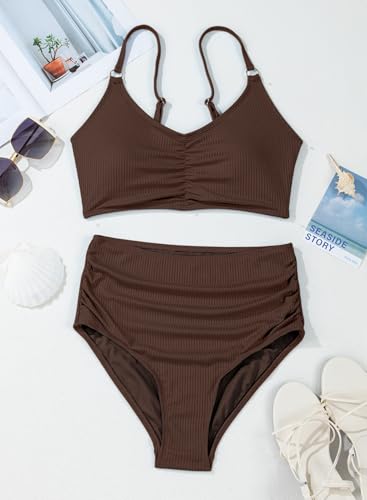 Herseas Women's Loop Straps Bikini Sets 2 Piece Shine Ribbed Swimsuits Ruched High Waisted Bathing Suits4