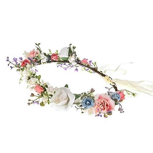 Love Sweety Greenery Flower Headband Boho Leaf Hair Wreath Bridal Wedding Headpiece Maternity Floral Crown(White Pink Blue) #TOP3