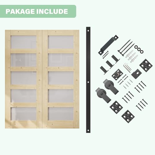 Image of 56 inchx80 inch 5-Lite Frosted Glass Bifold Barn Door with 64 inch Track Kit, Pine Slab