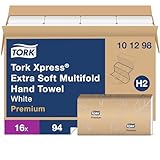 Tork Extra Soft Multifold Hand Towels White with Blue Leaf Print, H2 Dispenser Compatible 16 Packs x 94 Towels (101298)