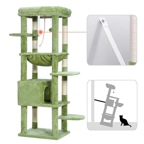 Heybly XL Cat Tree for Large Cats, 60\" XXL Tower, Multi-Level Condo with Padded Perch & Cozy Basket