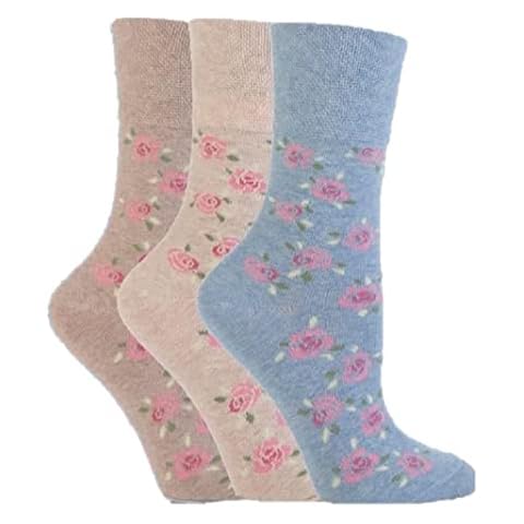 3x Pairs of Ladies Designer Gentle Grip Non-Elastic Cotton Socks with HoneyComb Top / UK 4-8 Eur 37-42 (Floral Multi) Cover