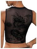 Floerns Women's Sleeveless Crew Neck Dragon Print Sheer Mesh Crop Tank Tops Black X-Small