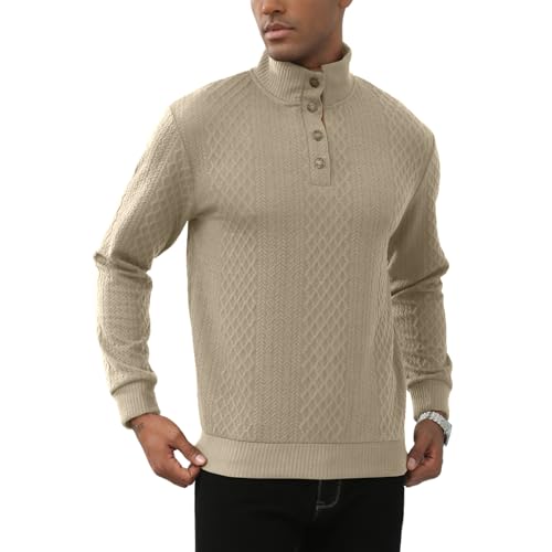 Lexiart Mens Casual Knitted Pullover Sweater Long Sleeve Stand Collar Vintage Button Sweaters with Elbow Patches4